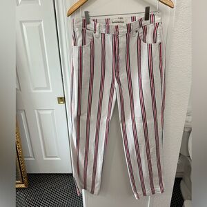 REFORMATION striped white, red and blue jeans.